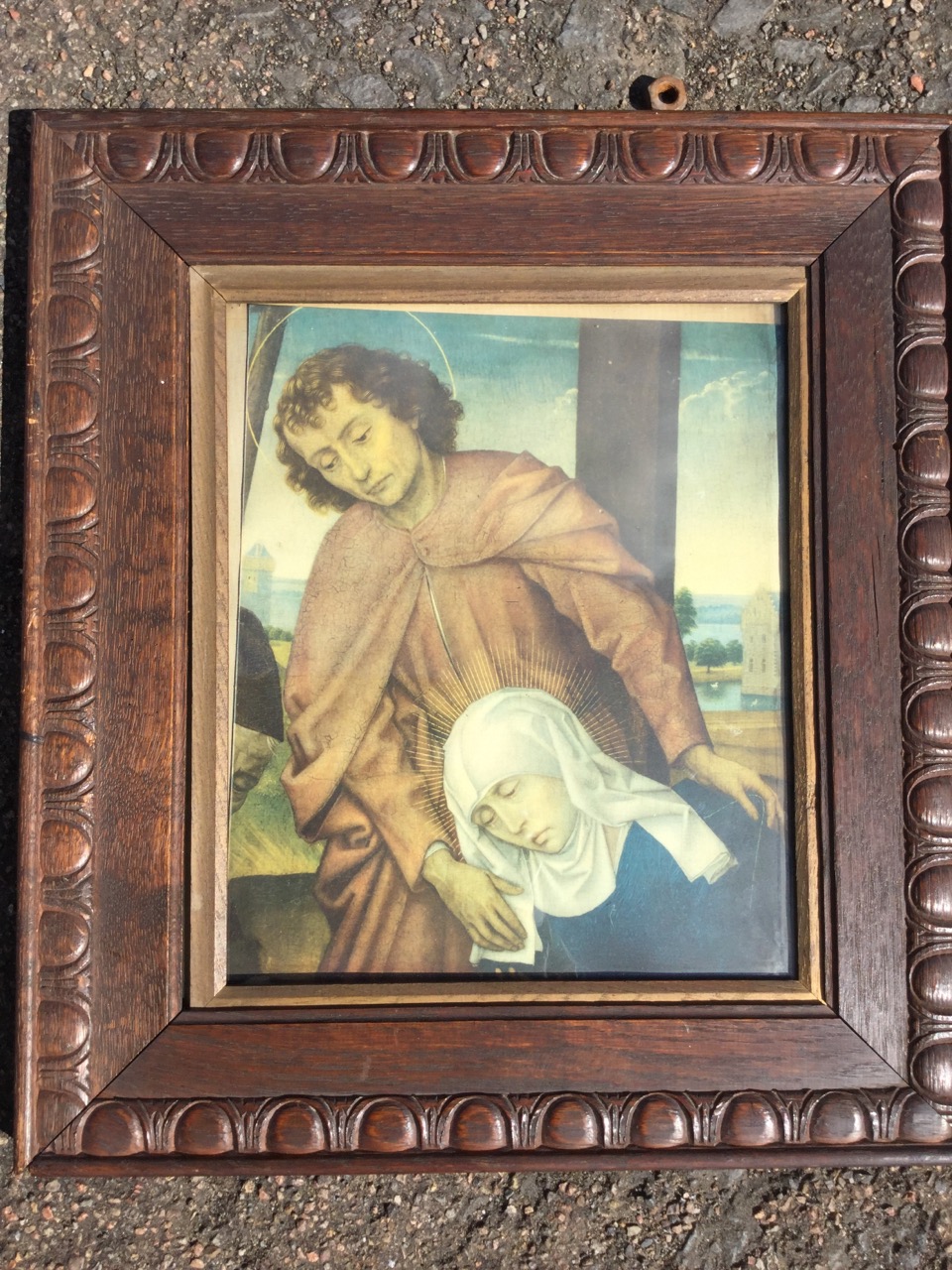 A pair of late Victorian carved oak frames with lozenge borders, holding religious old master - Image 2 of 3