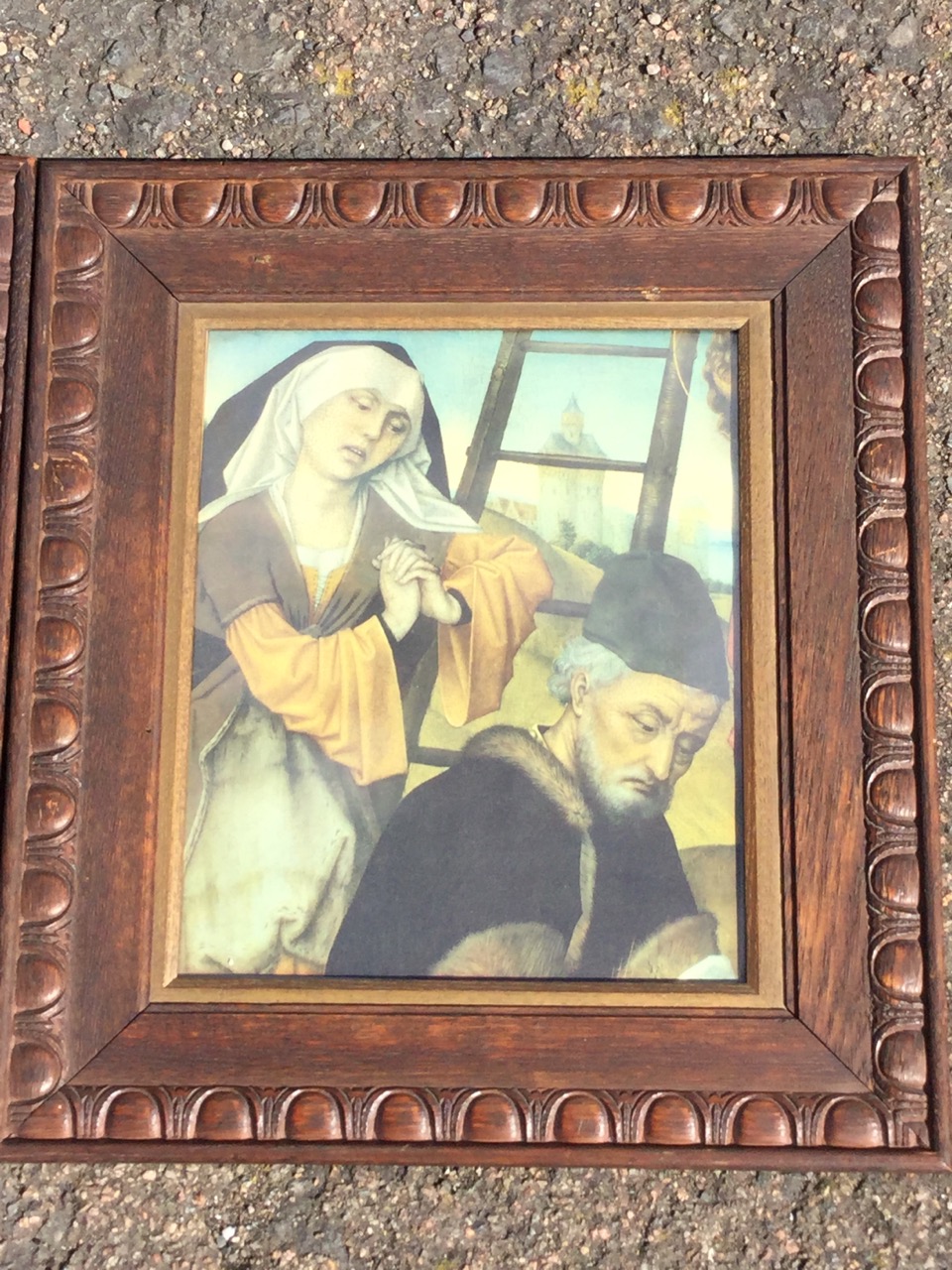 A pair of late Victorian carved oak frames with lozenge borders, holding religious old master - Image 3 of 3