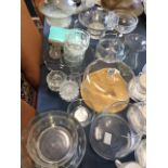 Miscellaneous glass including fruit bowls, platters, a ruby ashtray, bowls, vases, a dessert set,