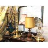 Eight tablelamps including a deco chrome column on wood base, a pair marbled & gilded, cut glass &