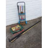 A childs croquet style set on trolley stand; four boxed family games - Frustration, Manipulation,