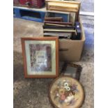 A box of miscellaneous frames, mirrors, some new, silver plate, photo frames, a barbola type