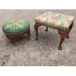 A circular footstool on stub cabriole legs having needlework top; and a floral tapestry