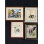 D Pilcher, watercolour study of a terrier, mounted & framed; J Ingram, a monochrome print of