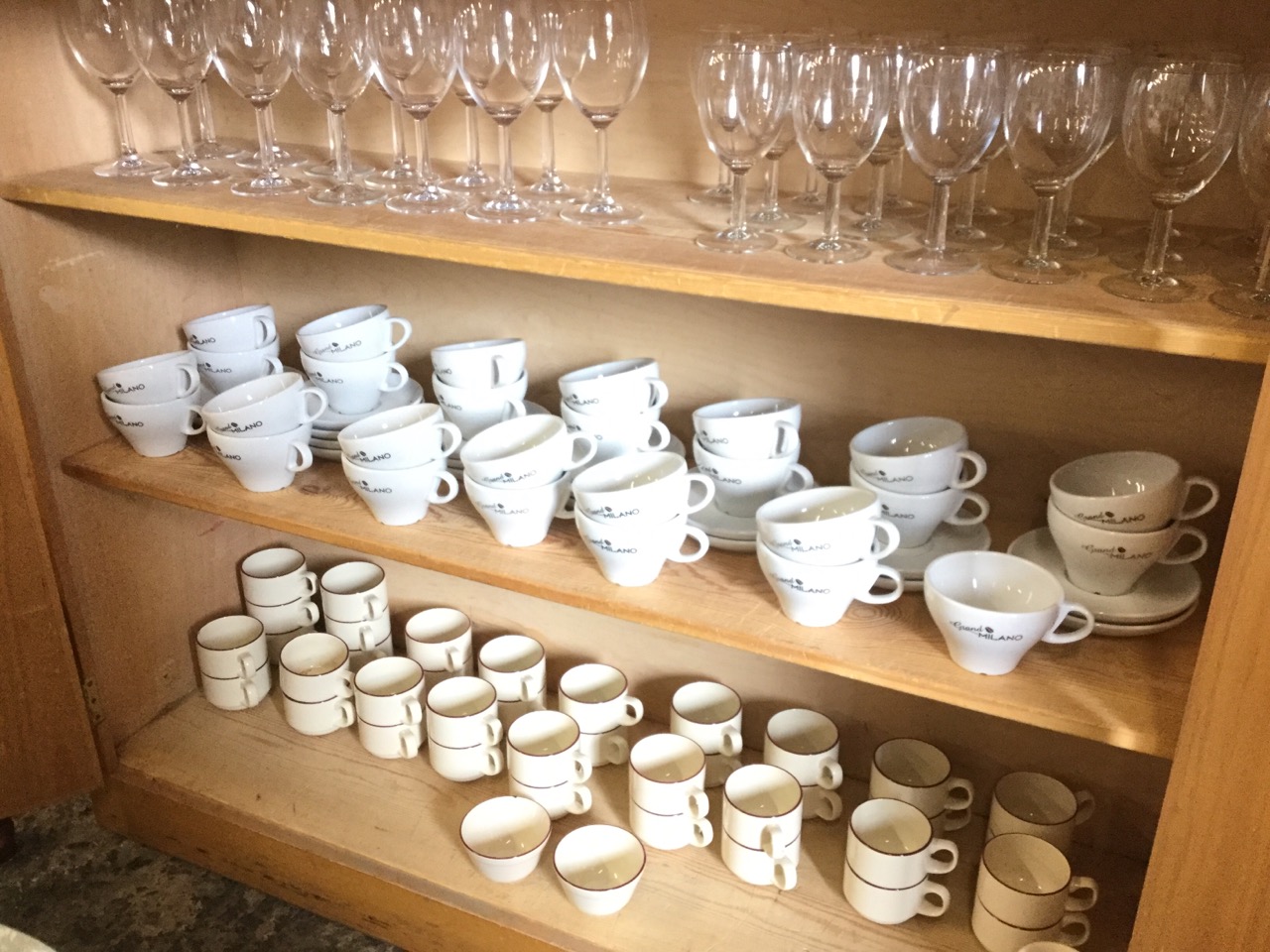 Miscellaneous wine glasses and cups & saucers including 13 large and 19 smaller glasses, 18 Grand
