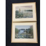 Charles M Wigg, watercolours, a pair, Barton Broad with sailing boats and lilies in foreground,