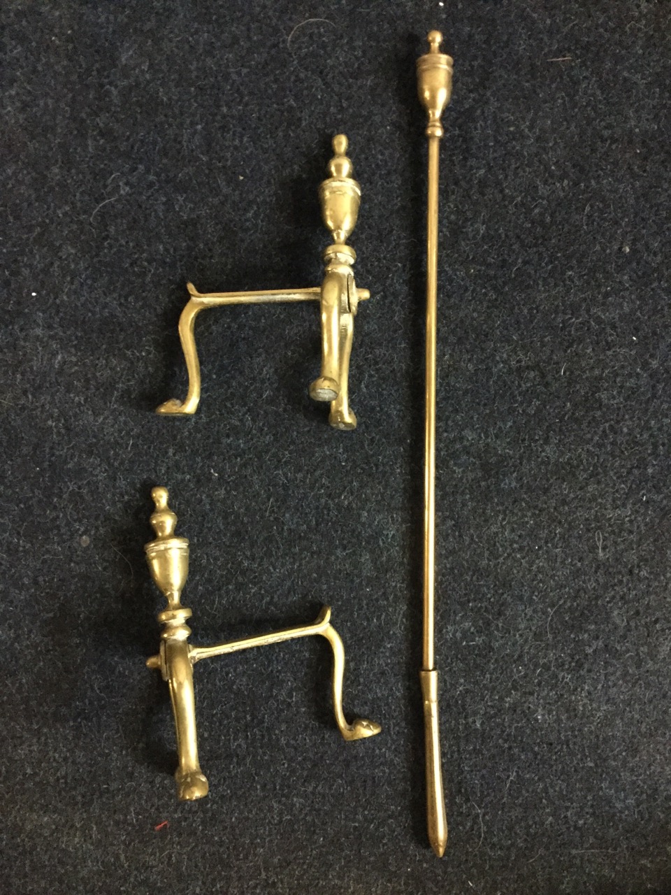 Three brass fire irons - tongs, poker & shovel, together with an associated pair of firedogs with - Image 3 of 3