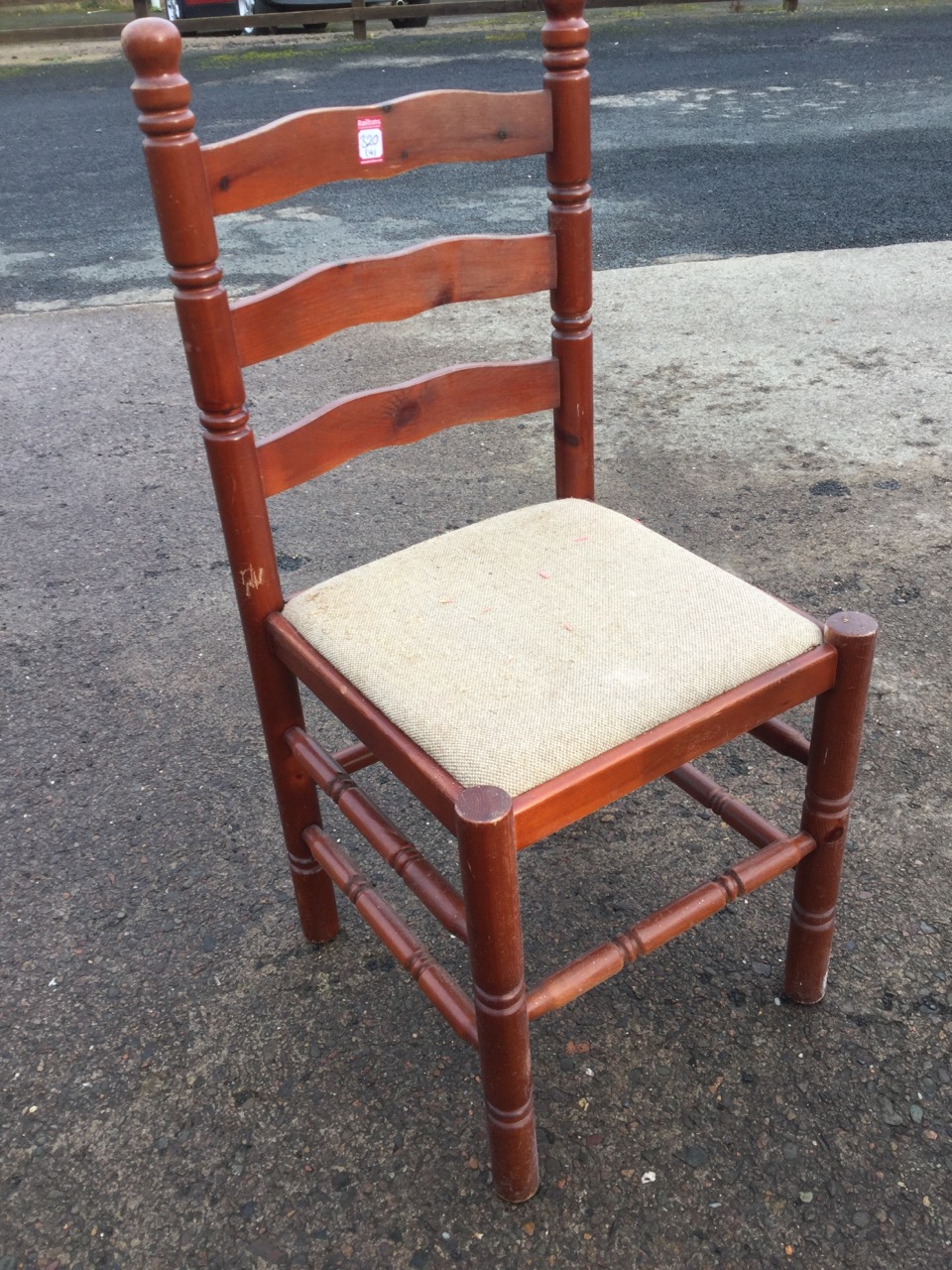 A set of four ladderback dining chairs, the turned cornerposts with knob finials, the upholstered - Image 3 of 3