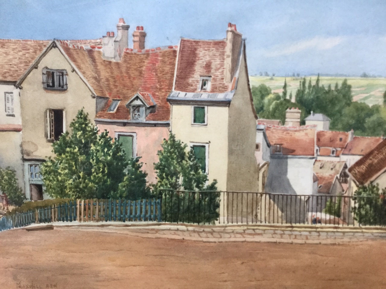 Maxwell RWS, C20th watercolour, streetscene with single figure by railings, signed, mounted and - Image 3 of 3
