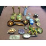 Miscellaneous items including a pair of brass pots with handpainted mother-of-pearl covers, an