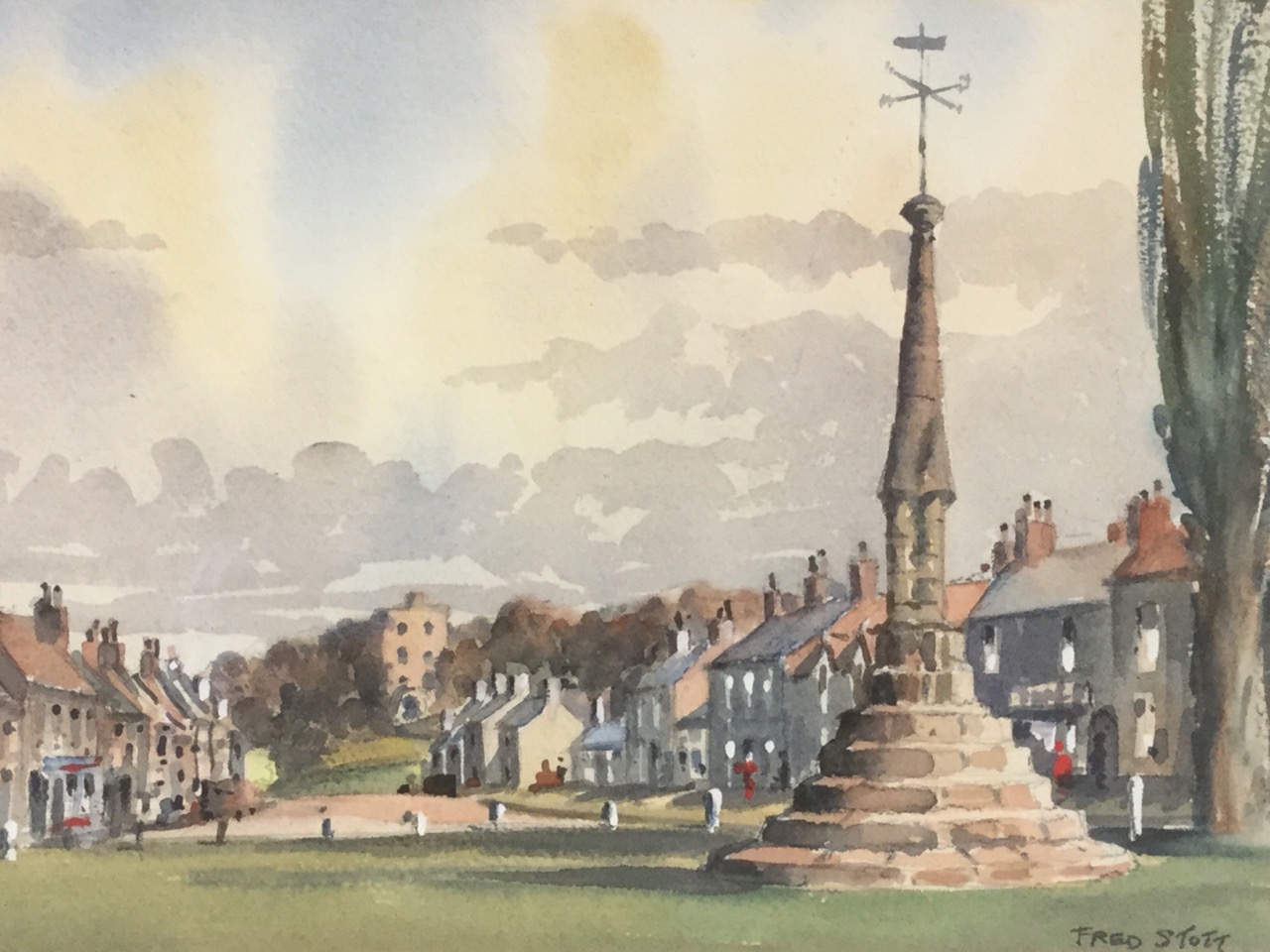 Fred Stott, watercolour, Norham Village painted from the green looking towards the castle, a special