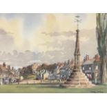 Fred Stott, watercolour, Norham Village painted from the green looking towards the castle, a special