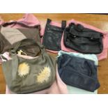 Five Radley leather bags with drawstring dust covers - embroidered, satchel type, all labelled, etc.