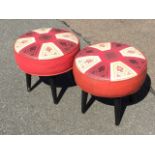 A pair of circular 60s vinyl upholstered stools with oriental style decoration to segmented