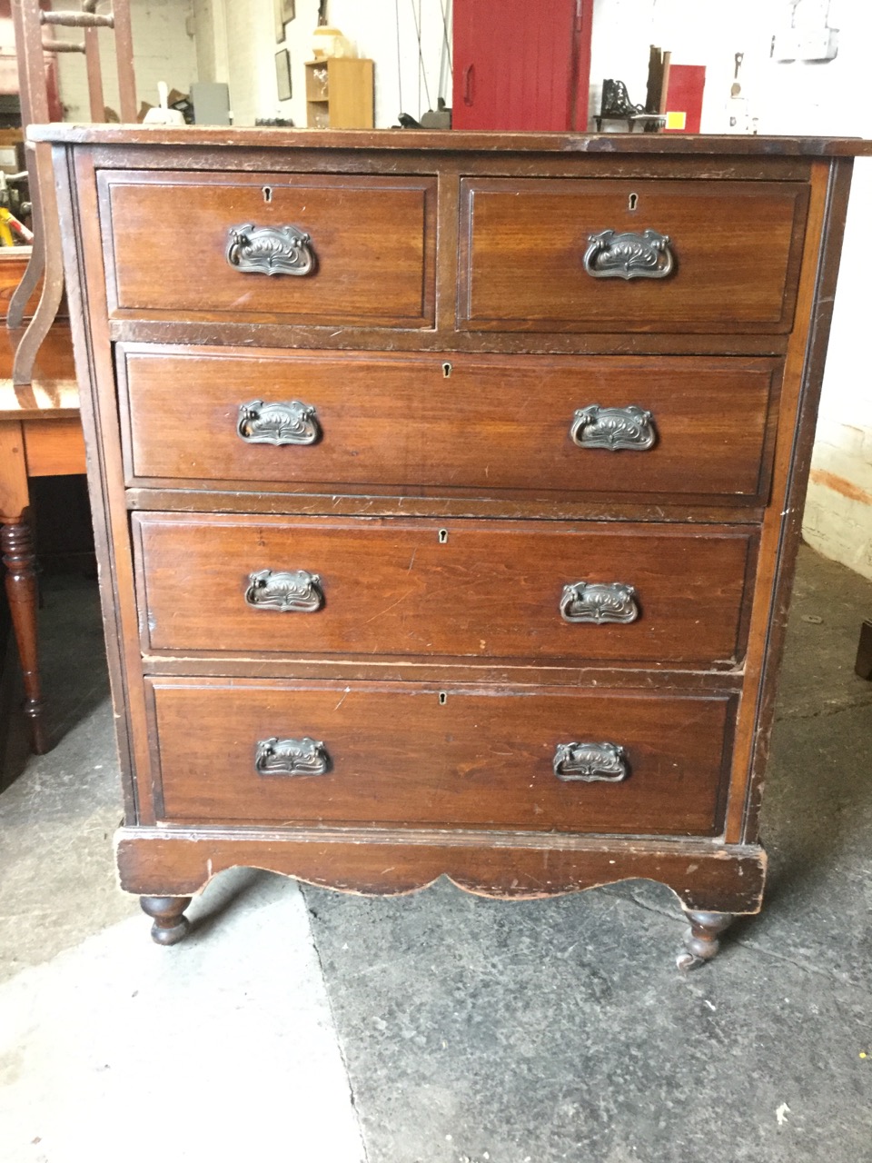 A late Victorian chest of two short above three long graduated drawers, mounted with original art - Image 3 of 3