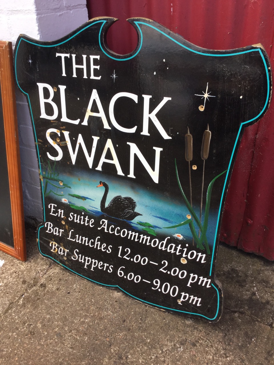 A blackboard type A-board in pine frame; two shield shaped signs advertising The Black Swan; a - Image 2 of 3