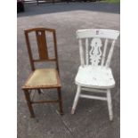 A painted fiddleback kitchen chair with solid seat raised on turned legs; and a 30s oak bedroom