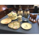 Miscellaneous ceramics including a pair of hexagonal Quimper vases with parrot covers, a European