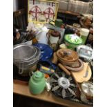 Miscellaneous kitchenalia including three cast iron Le Creuset pans, vacuum flasks, kitchen