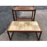 A 70s teak tile top coffee table, the panel of eight stoneware tiles on rectangular frame