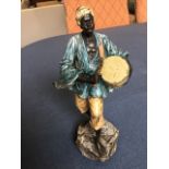 Frank Bergmann, Edwardian cold painted bronze of an African drummer standing on naturalistic
