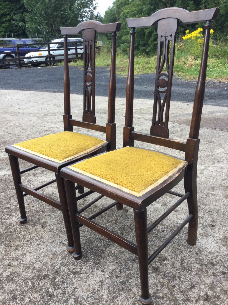 A pair of art nouveau side chairs, the backs with crook rails above fretwork pierced splats, the - Image 3 of 3