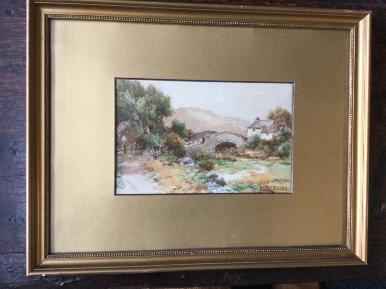 Harry Sticks, pencil & watercolour, landscape with track over bridge and cottage, possibly College