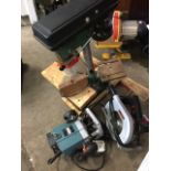 A Ferm bench drill mounted on wood stand; an Erbauer router; and a Power Devil rip saw. (3)