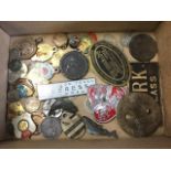 A small box of miscellaneous coins, medals, badges, enamel, etc. (A lot)