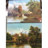 G Hopkins, oil on canvases, a pair, water landscapes with canal boating scenes, figures,