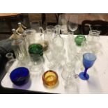 Miscellaneous glass including a pair of soda syphons, sets of bowls, decanters, two engraved