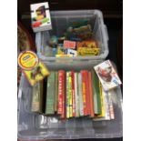A box of childrens books - annuals, Beano, mainly from the 50s/60s; and a box of toys - card