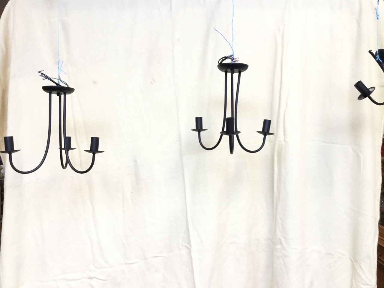 A pair of wrought iron hanging lights, each with three branches supporting candlelights beneath - Image 2 of 3