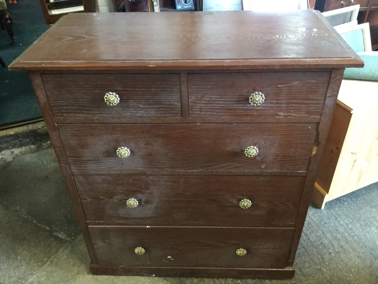 A late Victorian oak chest of drawers, with moulded top above two short and three long graduated - Image 3 of 3