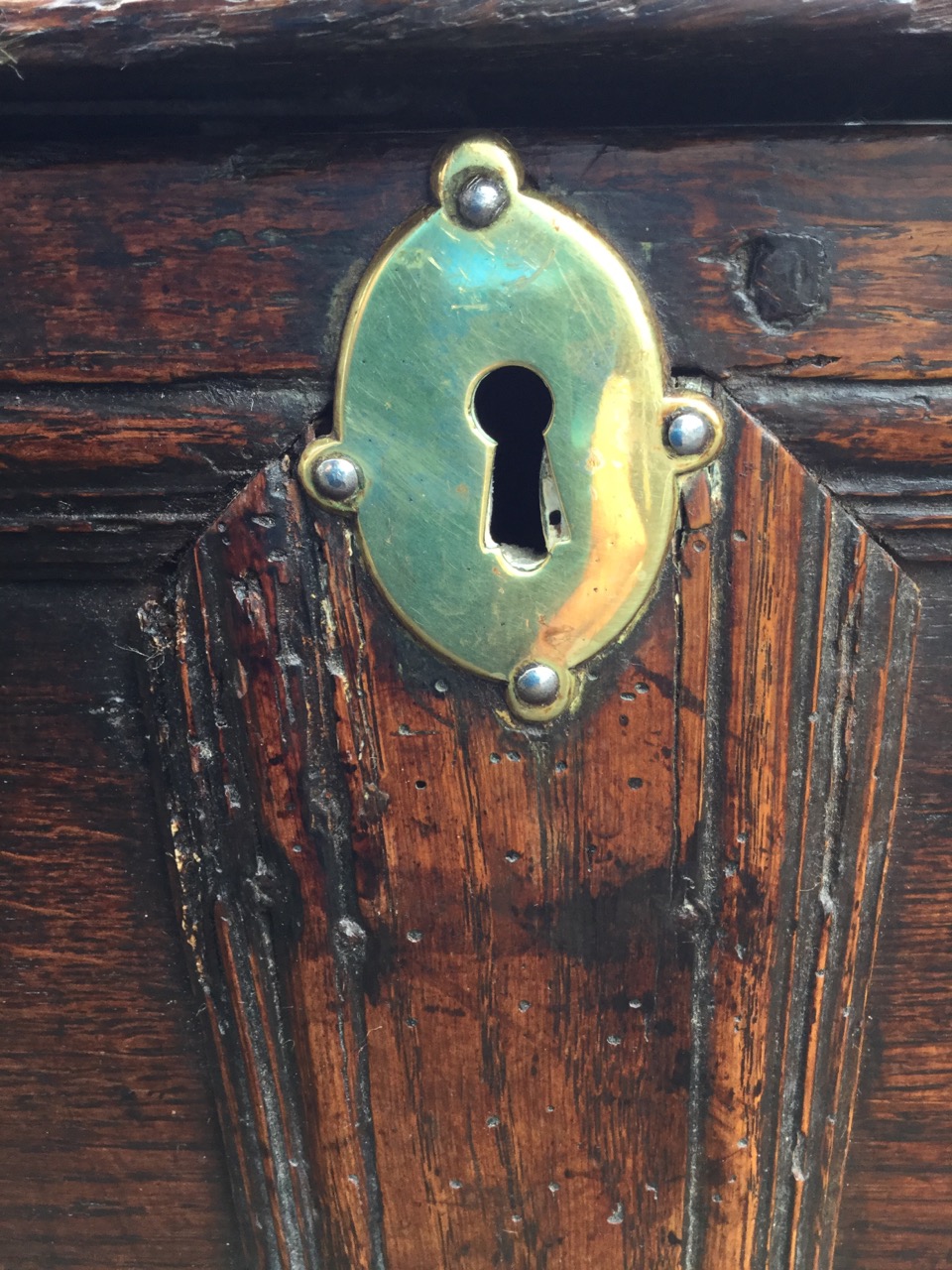 A seventeenth century oak sword chest or six plank coffer, the rectangular moulded top with band - Image 3 of 3