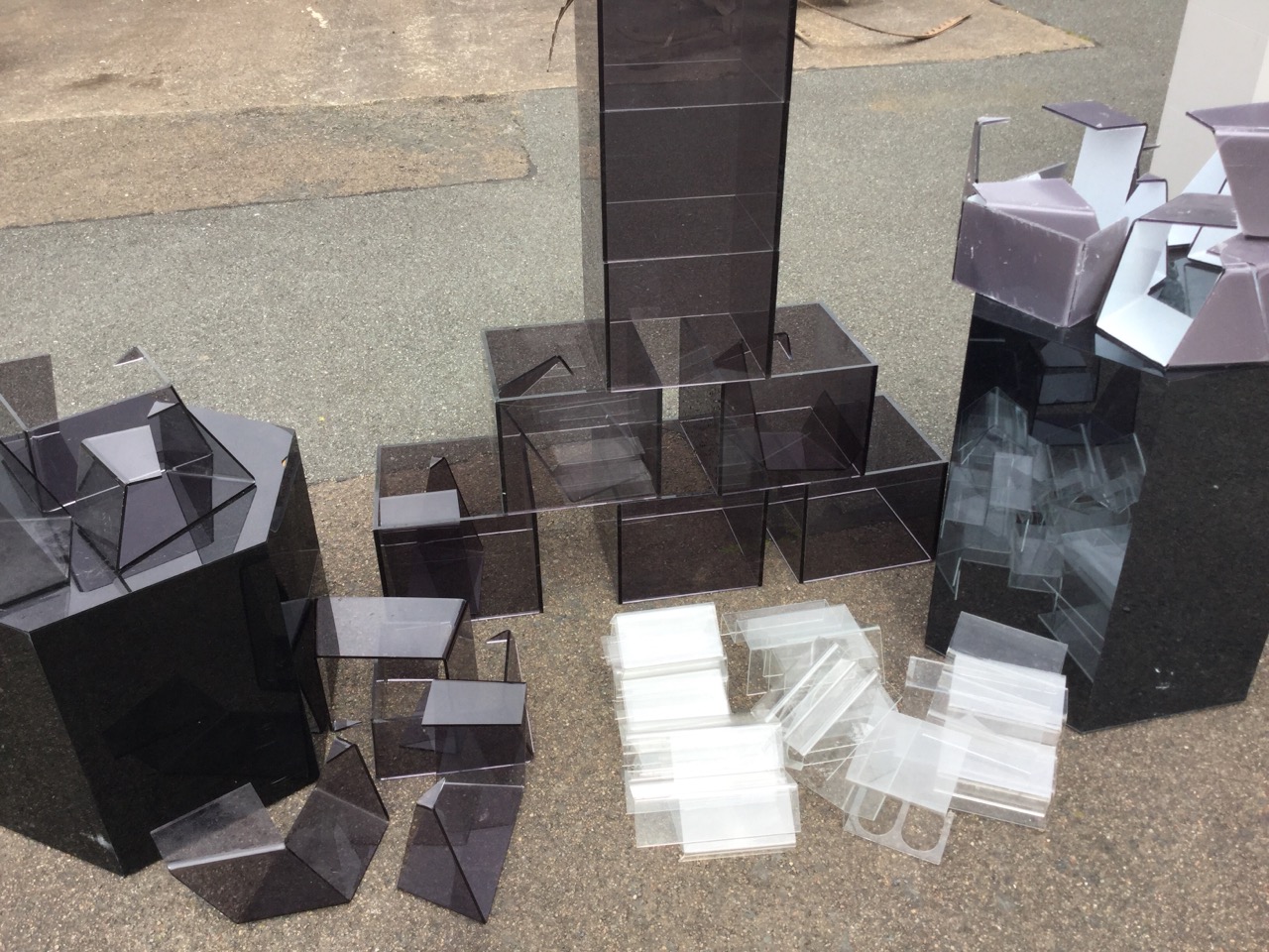 Various perspex shop fittings including cubes, stands, two hexagonal columns, etc. (A lot)