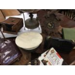 Miscellaneous items including an HMS Seahawk naval hat, a cuckoo clock, a crocodile skin, a