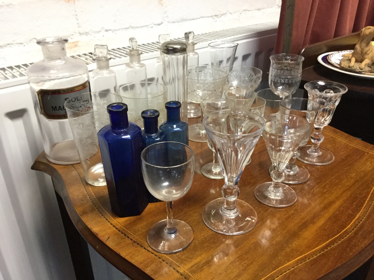 Miscellaneous glass including a set of four tubular jars with stoppers, a chemical bottle, - Image 2 of 3