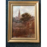 Harry Sticks, oil on board, river view with bridge and church spire, signed and gilt framed. (9.25in
