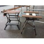 A Black & Decker Plus workmate, the folding bench on angled legs with wood vice top; and another