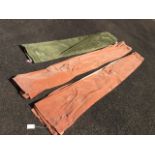 A pair of lined pink velvet curtains - 97in; and a single unlined green velour curtain - 82in. (3)