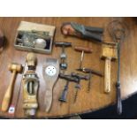 Miscellaneous tools including five interesting corkscrews, a 1937 auctioneers gavel, a carved &