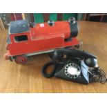 A childs painted wood toy steam engine, dated Xmas 1949 and signed J Noble; and a reproduction