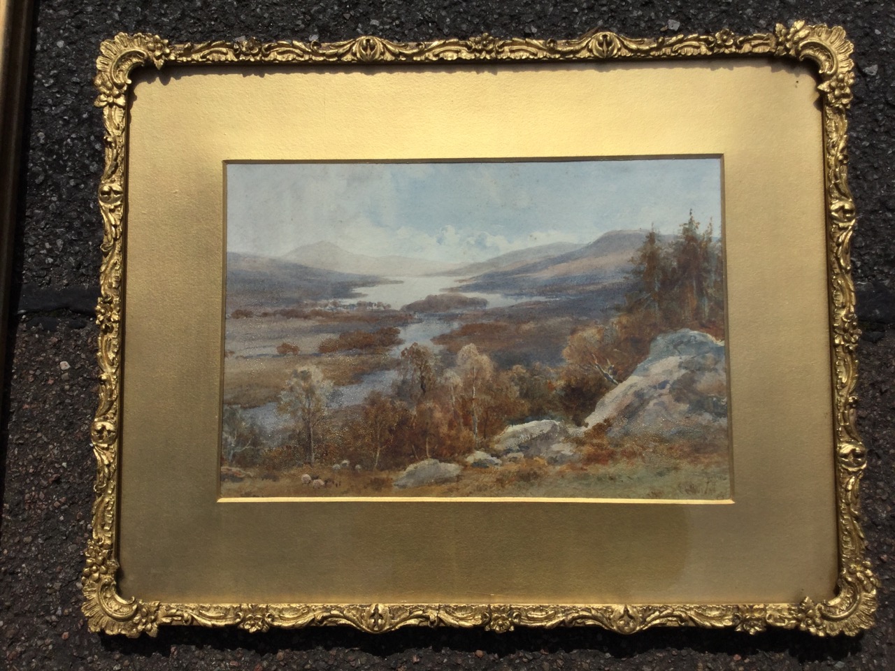 Edward Arden, watercolour, water landscape with sheep in foreground, signed, mounted and in gilt & - Image 2 of 3