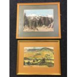 K Griffin, pastel, landscape with road & buildings, signed, mounted & gilt framed; and K Foster-