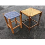 A square oak stool with rush seat on barleytwist legs joined by rectangular stretchers; and a
