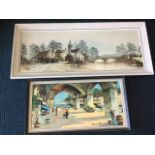 A 1960s framed print of a village with church by river, label to verso inscribed Hamlet Bridge;