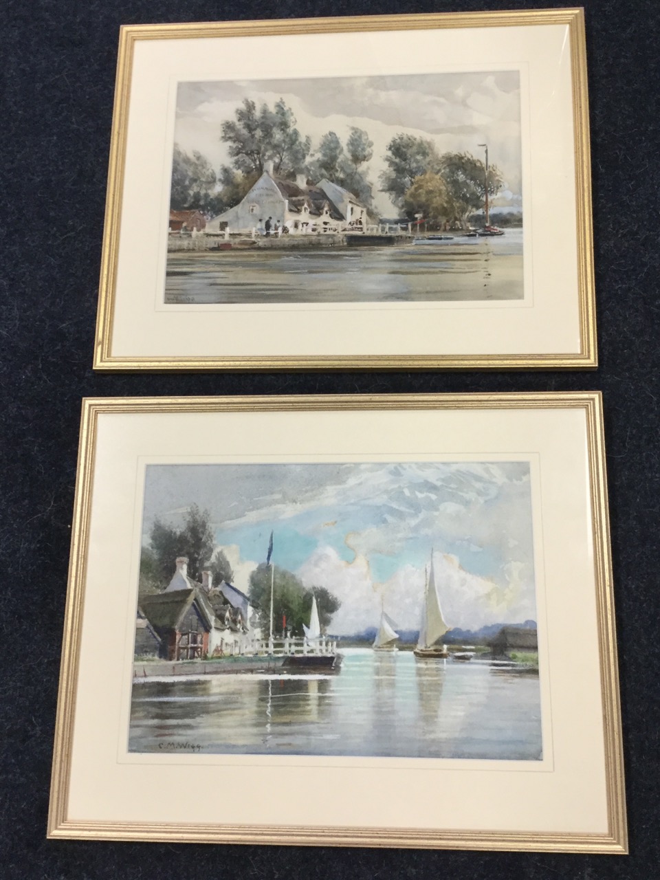 Charles M Wigg, watercolours, a pair, Horning Ferry with hostelry and figures by lock, and another