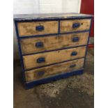 A Victorian painted pine chest of drawers, the rectangular moulded top above two short and three