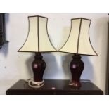 A pair of hexagonal brown glazed ceramic tablelamps, mounted with fabric shades. (29in) (2).